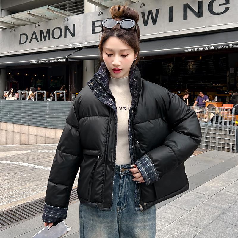 Vertical Collar Plaid Contrast Cotton Warm Short Thickened Jacket