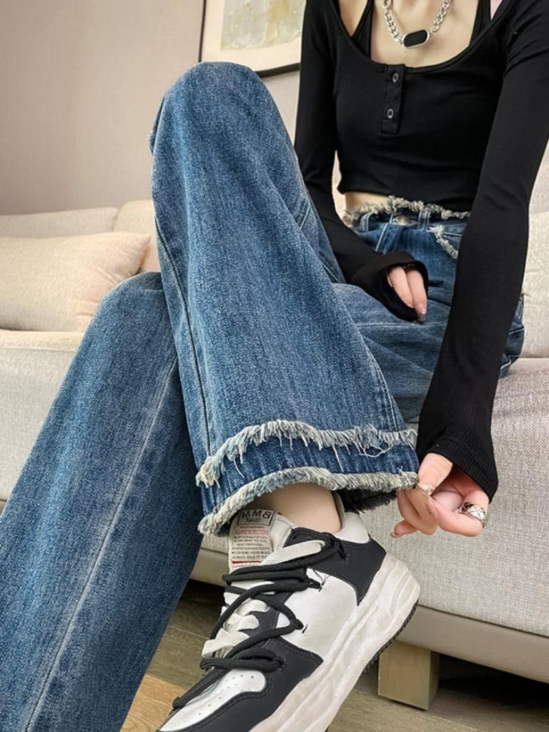 Fashion Wide-leg Jeans Women's Spring and Autumn New Retro Blue Rough Edge High Waist Drape Thin Loose Straight Pants