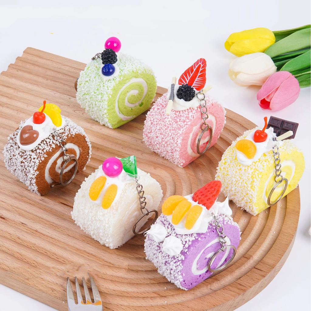 Realistic Triangle Cake Key Ring With Fruit Toppings Cute Food Shape Charm for School Bag Decor Student Birthday Gifts