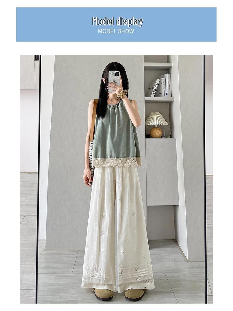 Spring 2026 Apricot Lace Slimming Elastic Waist Wide-Leg Pants for Women
