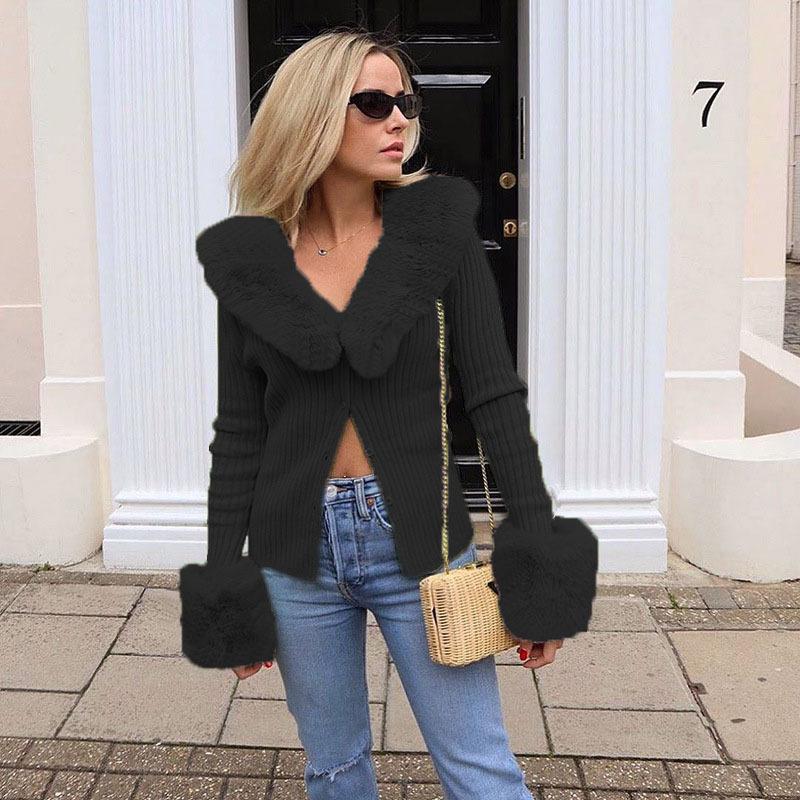 

Зимние женские топы с длинным рукавом, сексуальные трикотажные куртки с воротником из волос S чёрный