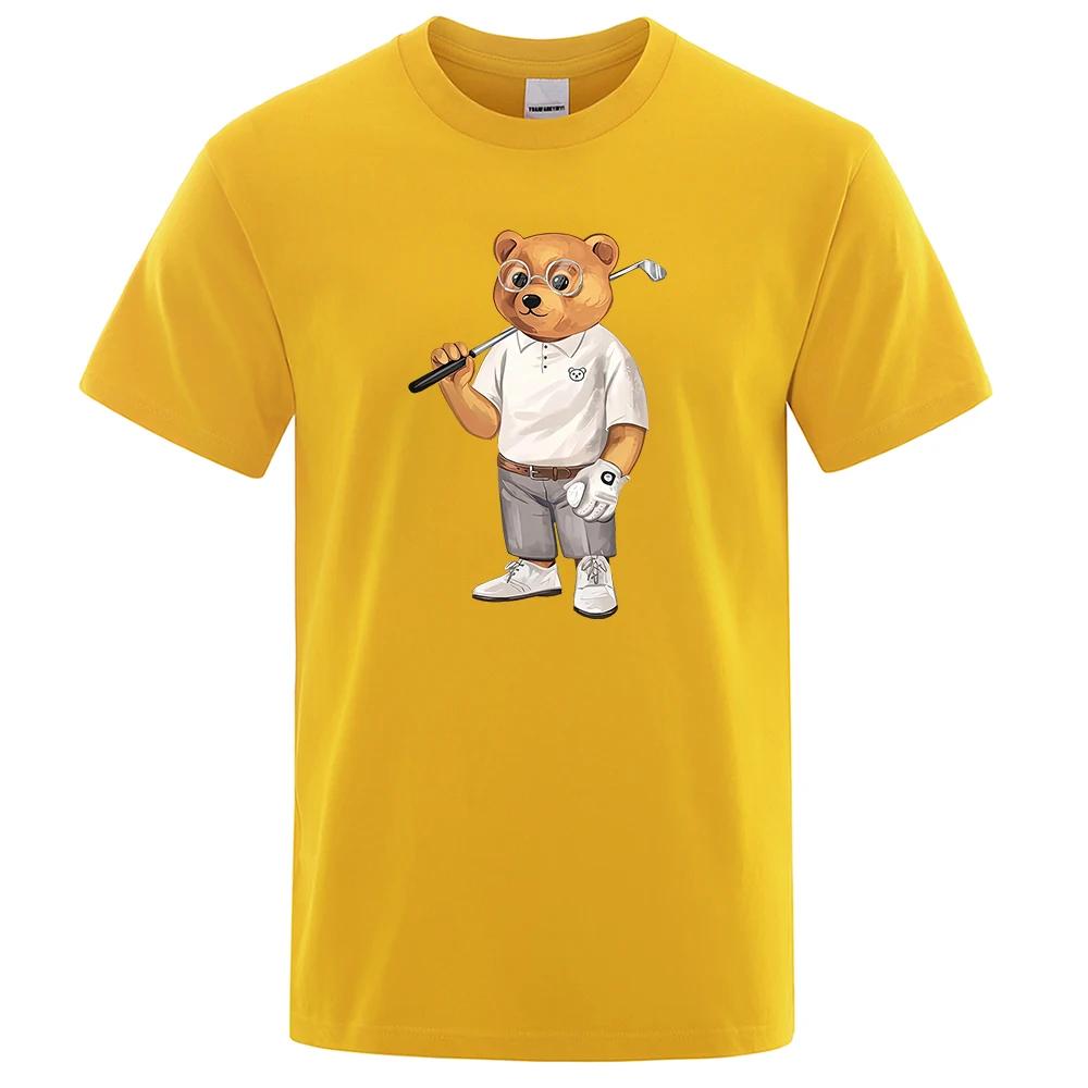 Gentleman Teddy Bear Playing Golf Men T Shirts Summer Cotton Sweat T-Shirts Breathable Loose Clothes Hip Hop Street Short Sleeve