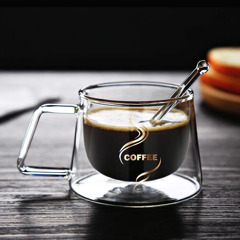 Caneca de café de vidro de parede dupla de 200 ml com alça transparente resistente ao calor xícara de café expresso café da manhã latte cappuccino xícara de chá