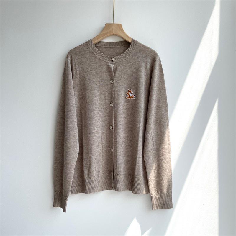 MK Brand Fox Embroidered Wool Cardigan - Single-Breasted, Round Neck Sweater for Autumn/Winter