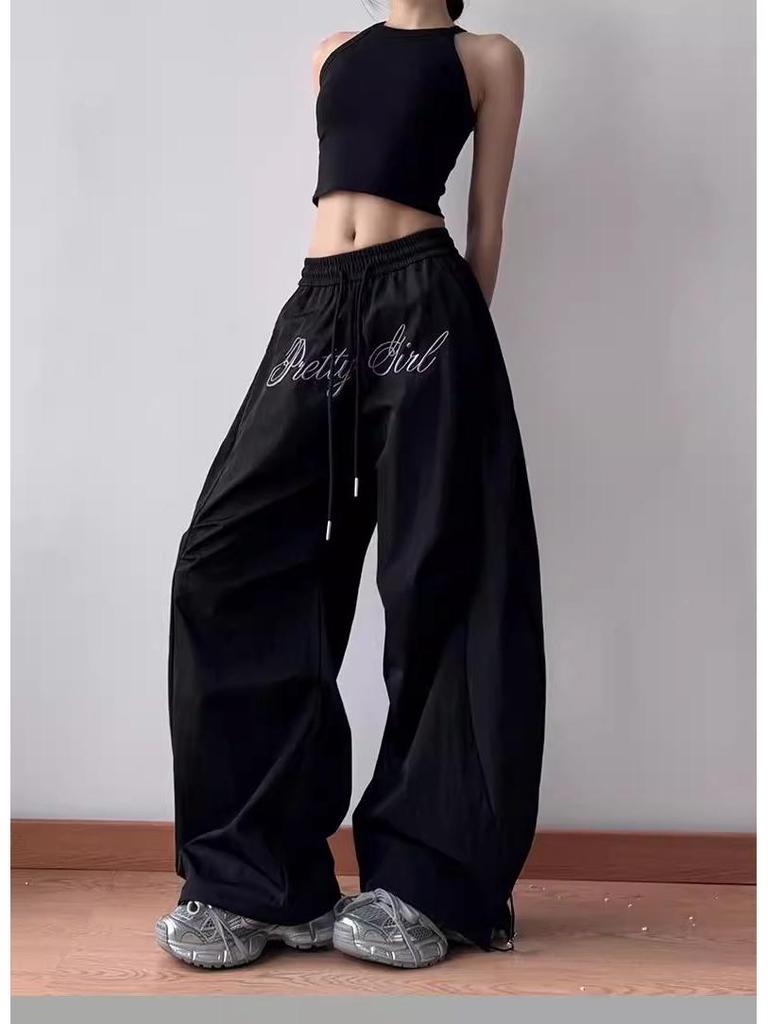 Women's Spring 2025 Pleated Parachute Cargo Pants with American Letter Embroidery - Wide-Leg Scimitar Design