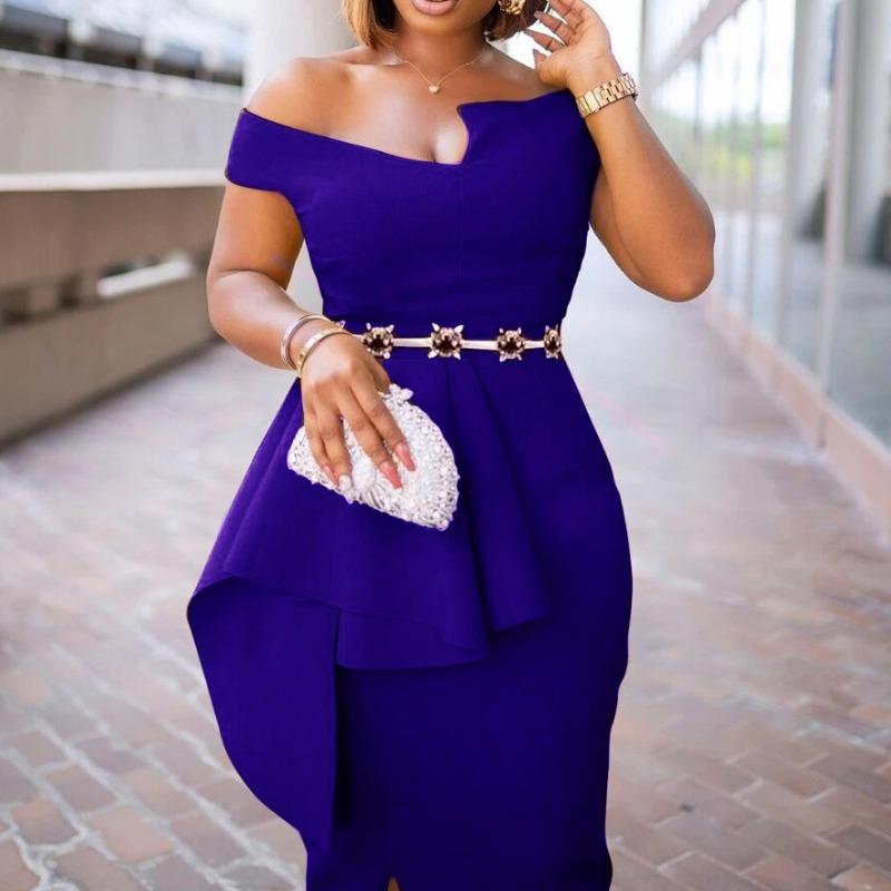 Summer Short Sleeve Hip Wrap Solid Color Split Shoulder Dress Dress