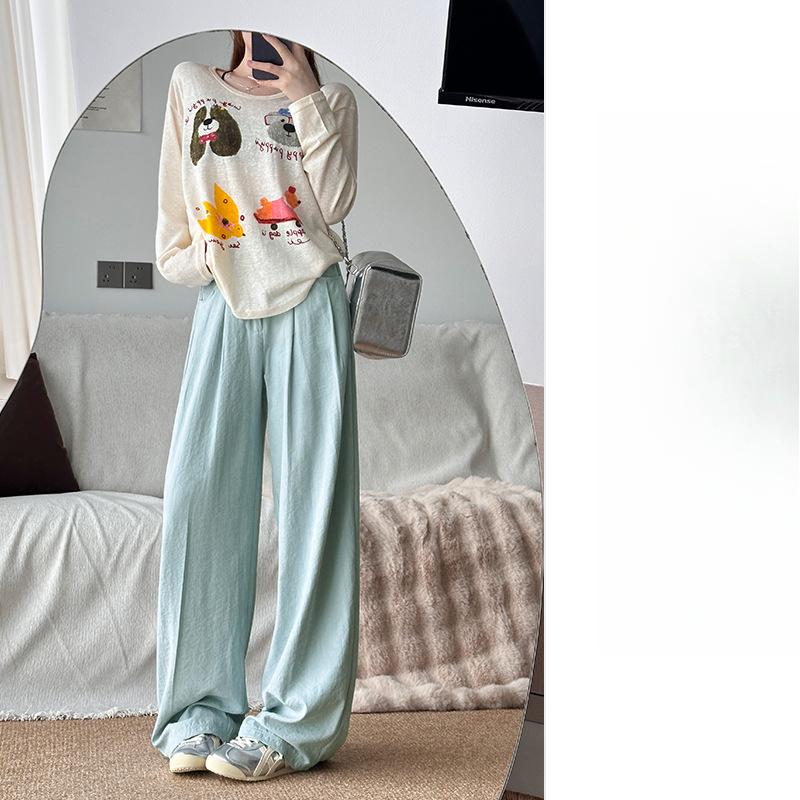 Czarne spodnie z szerokimi nogawkami Damskie Wiosna i Jesień Nowe Spodnie z wysokim stanem Luźne Spodnie z prostymi nogawkami