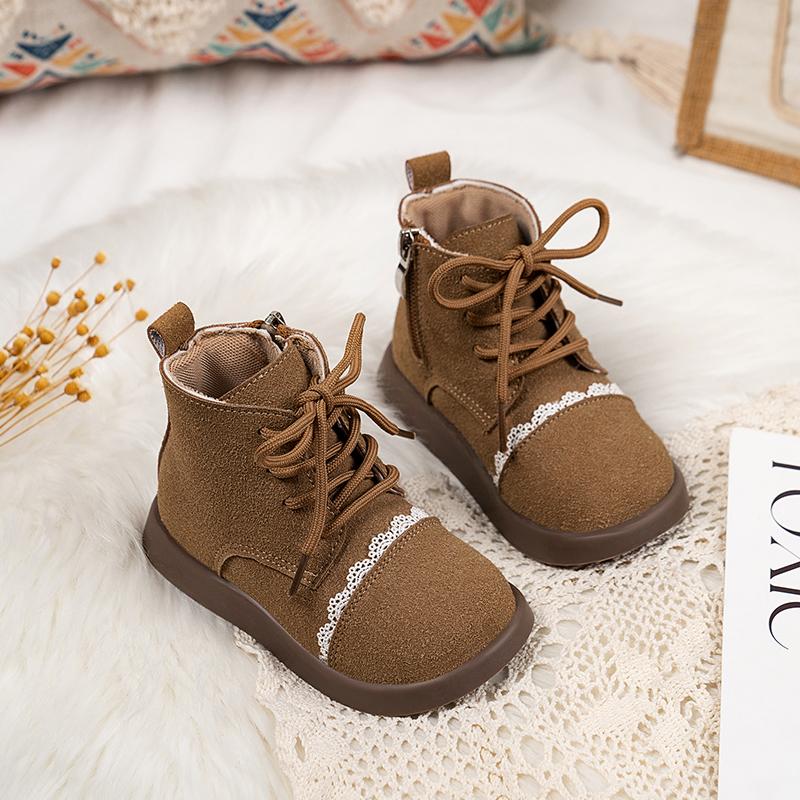

Girls Short Boots Sweet Lace Side Zip Kids Leather Boots Round Toes Autumn Children Ankle Boots Soft Bottom Size 22-30 22 верблюд