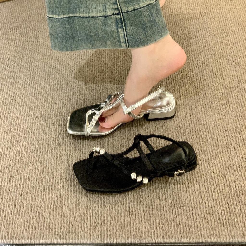 French temperament silver rhinestone square toe low heel sandals women's 2025 new summer skirt Roman sandals