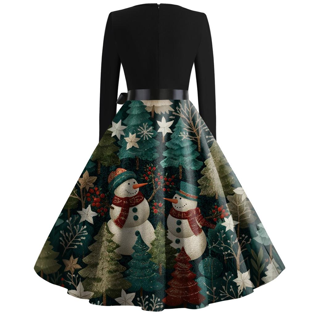 Women's Fashion Round Casual Slim Fit Christmas Print Large Swing Long Sleeve Dress