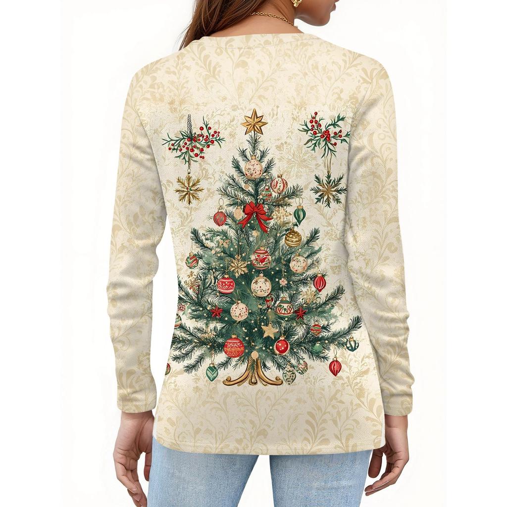 Women's Fashion Casual Slit Hem Round Neck Long Sleeve Loose Christmas Printed T-Shirt Ladies Top