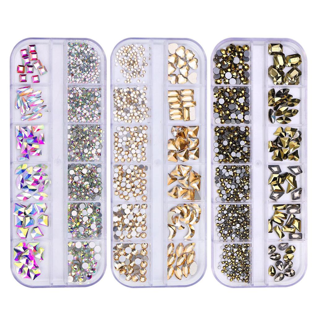 12 Gitter/Box, gemischtes Design, flache Rückseite, Nagel-Strasssteine, 3D-Charms, Stein-Edelsteine, Nagelkunst-Dekorationen