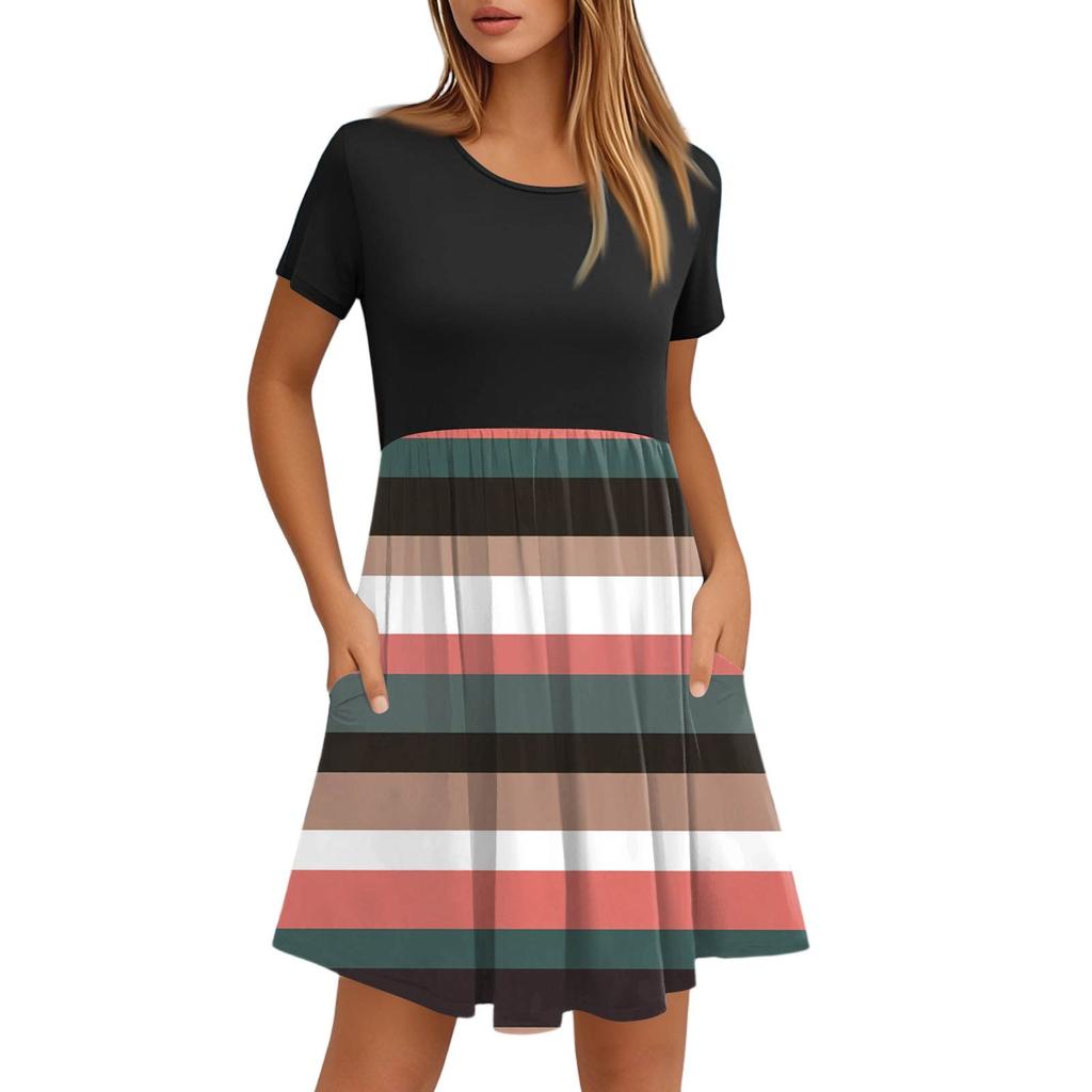 Robes décontractées à col rond et manches courtes pour femmes, imprimées et à poches