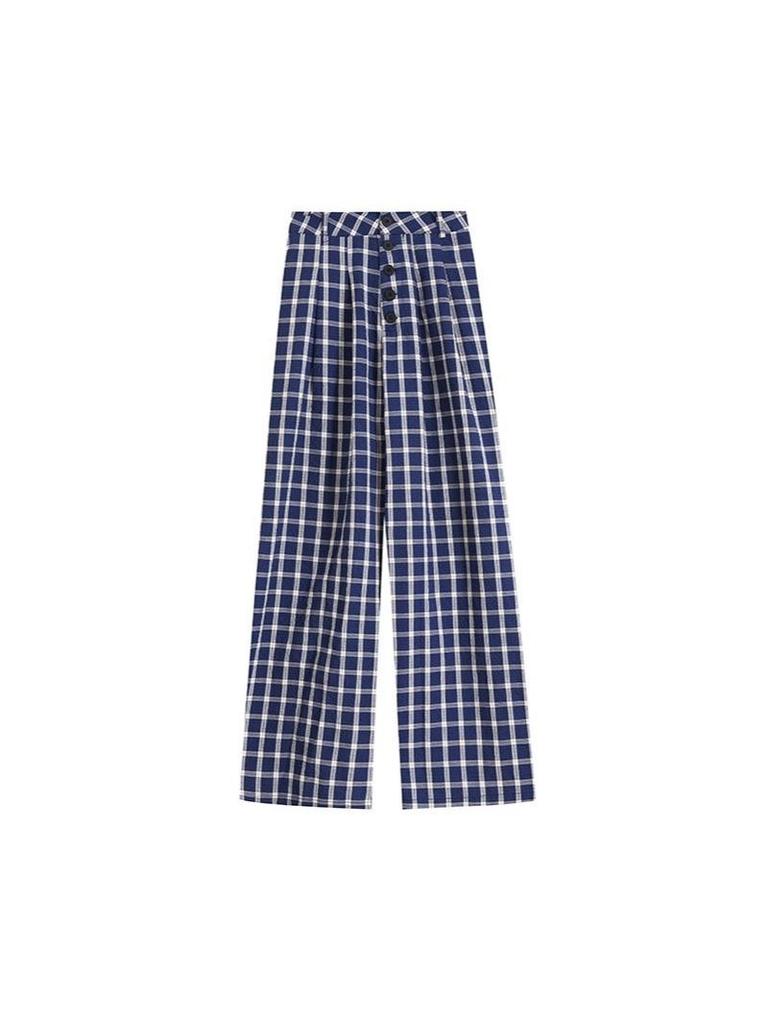 Damen Amerikanisch Blau & Weiß Karierte Hose mit Weitem Bein - Sommer 2025 Locker Geschnitten, Einreihig, Bodenlang