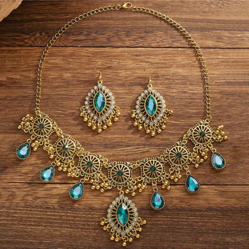 Rhinestone Inlaid Necklace Earrings Set Water Drop Pendant Women Jewelry Set Bridal