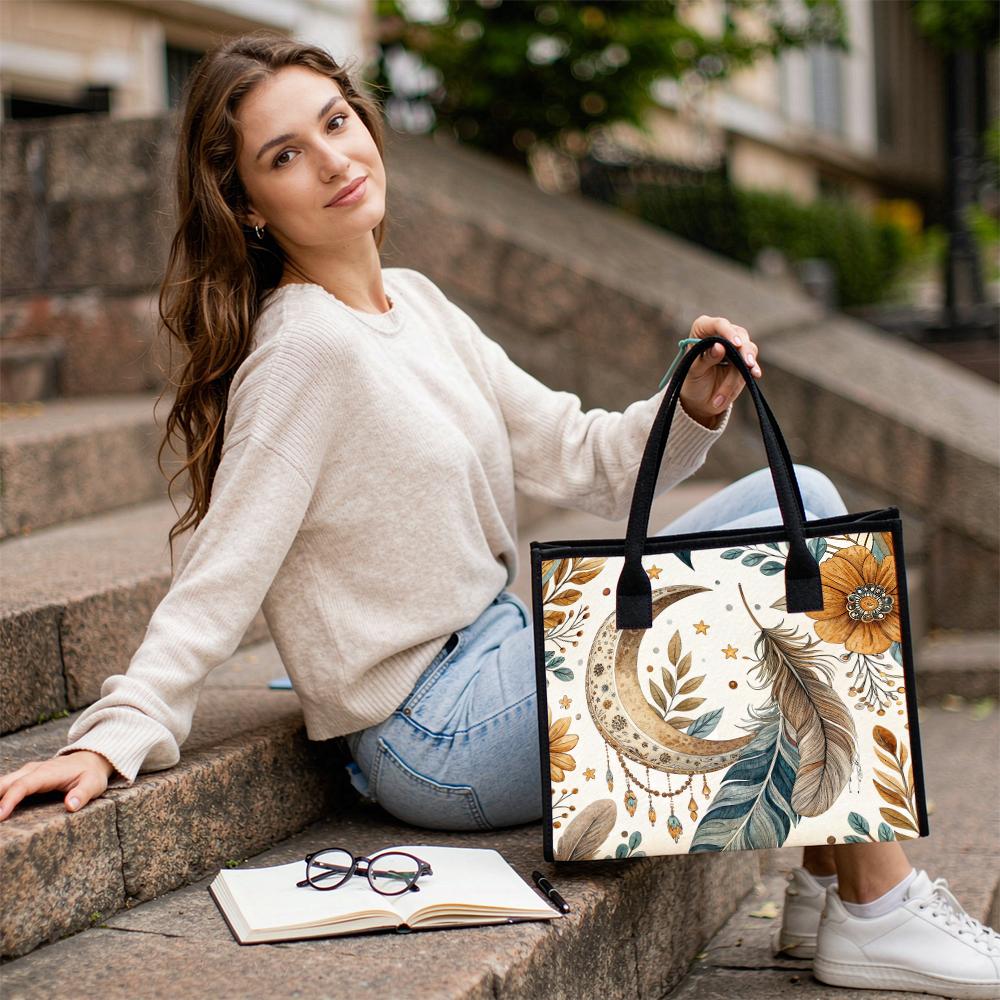 Bohemian Moon Feather Tote Bag Floral Printed Shoulder Bag for Daily Use