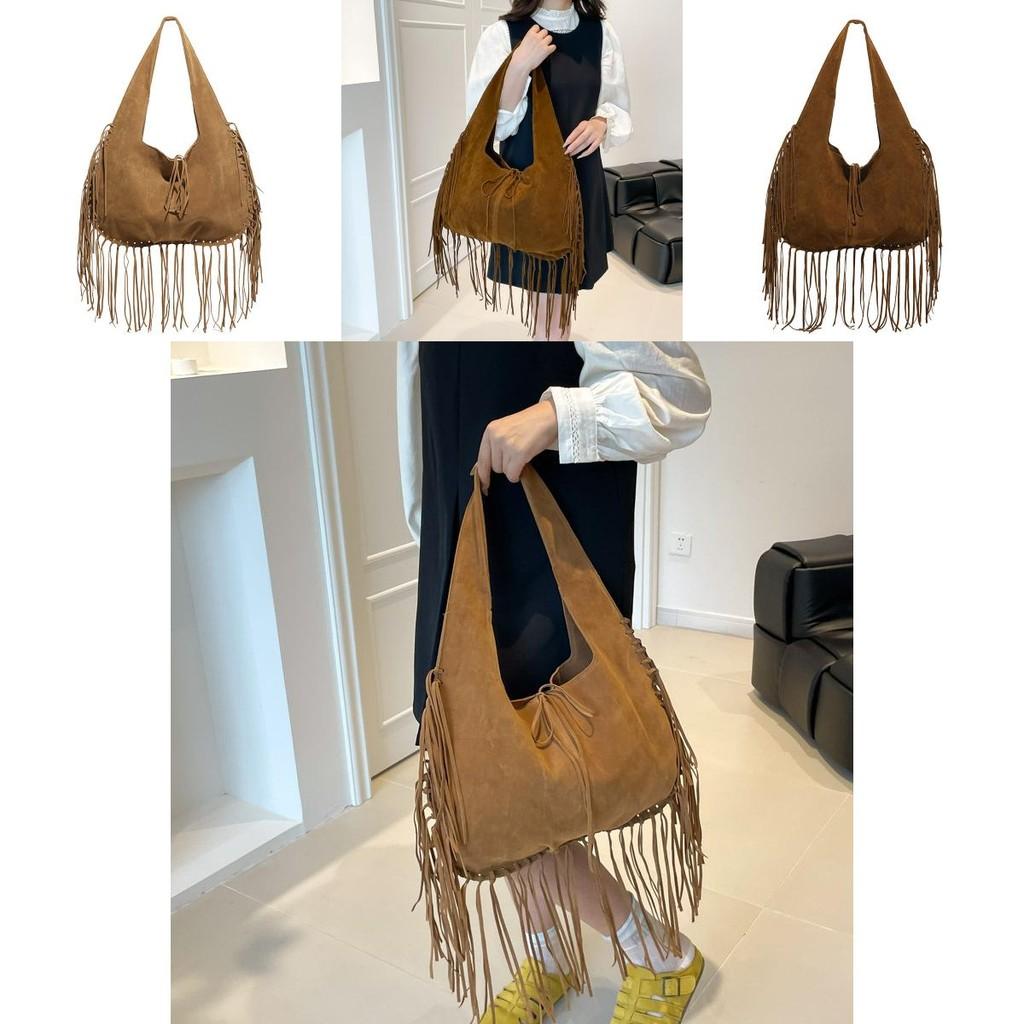 Vintage Suede Shoulder Tote Bag With Tassel Design And Solid Color For Daily Use
