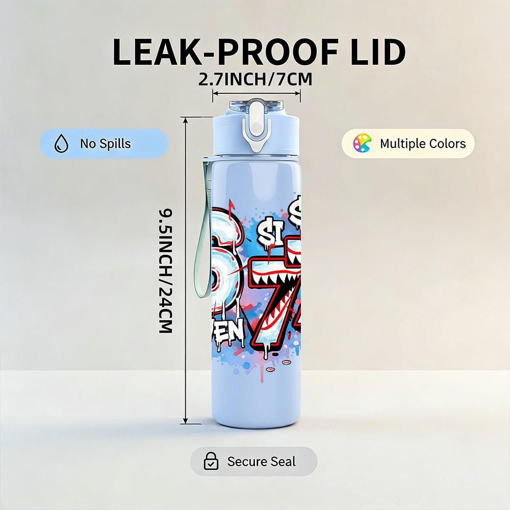 1PC Graffiti Number Six Seven Print 750ml Color Plastic Sports Water Bottle Leakproof Flip Straw Lid Suitable for Sports Office Home Use