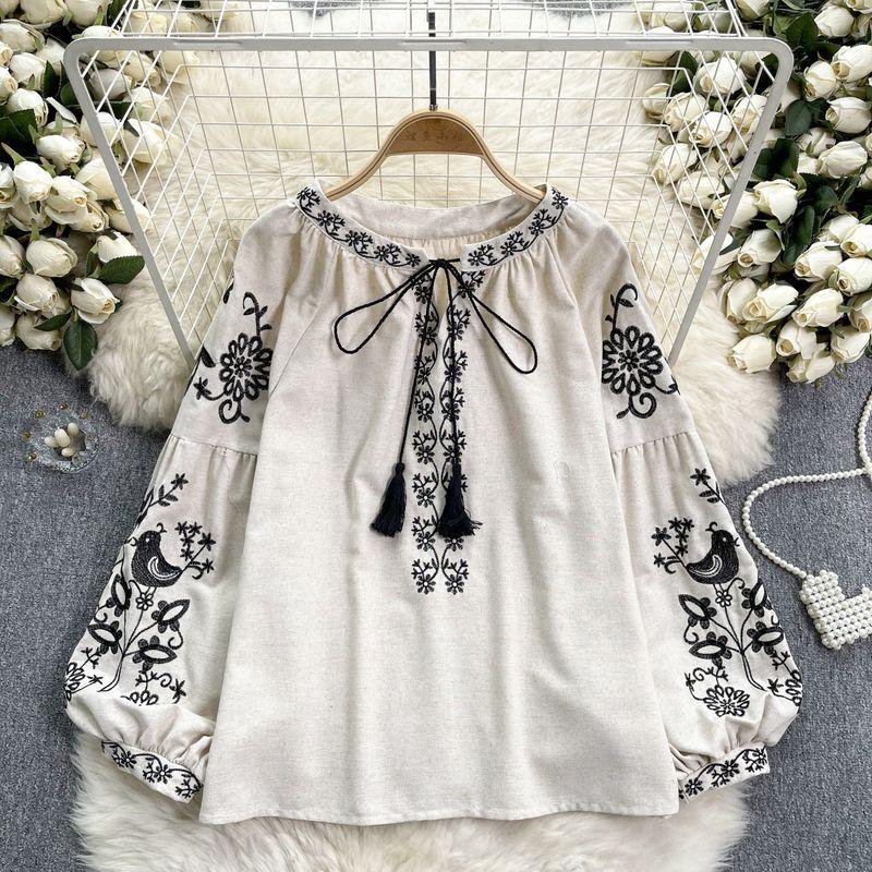 

Ethnic Style Retro Machine Embroidery Shoelace Tassel round Neck Loose Slimming Youthful-Looking Puff Sleeve Top Women s Holiday Shirt Apricot All yards