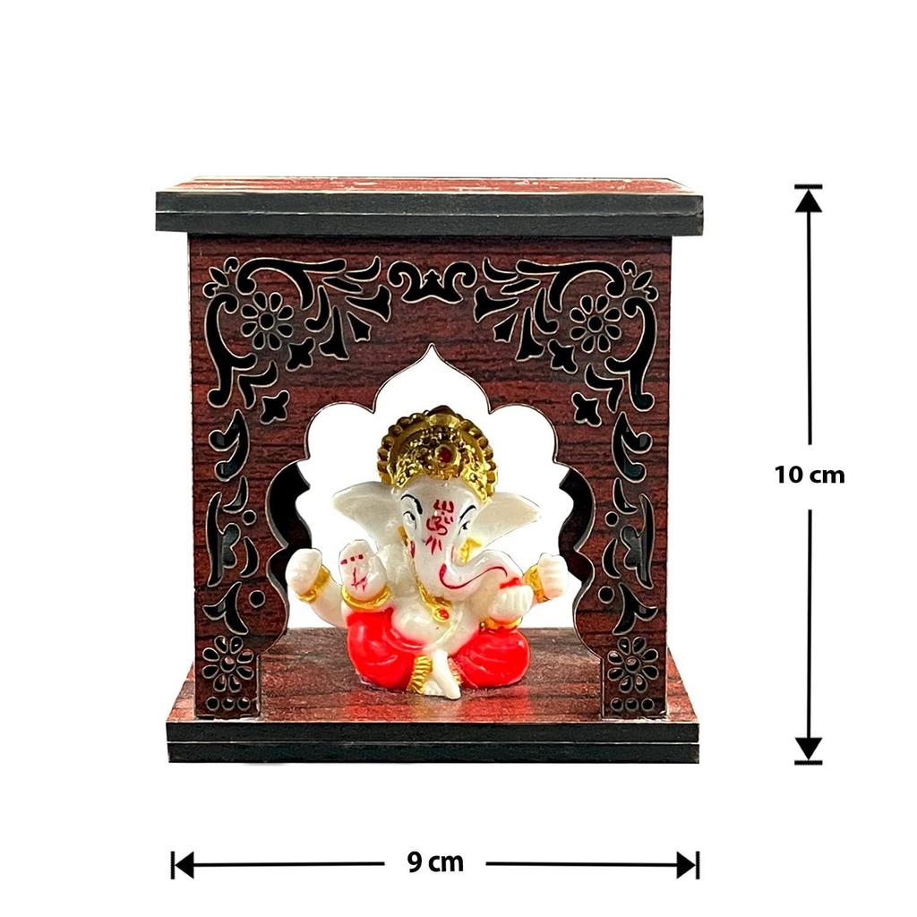 Ganesha Idol With Wooden Temple for Home Mandir, Car Dashboard, Gift Items (Ganesha Temple 2), Religious