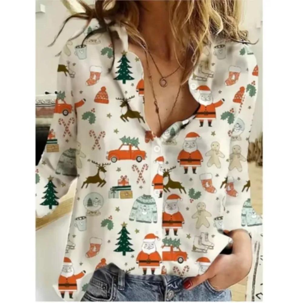 Green Red Christmas Snowflakes Print Women Shirts Tops Fashion Autumn New Long Sleeve Loose