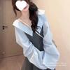One-word long-sleeved lantern sleeve dew short skirt student summer new striped fake two-piece dress