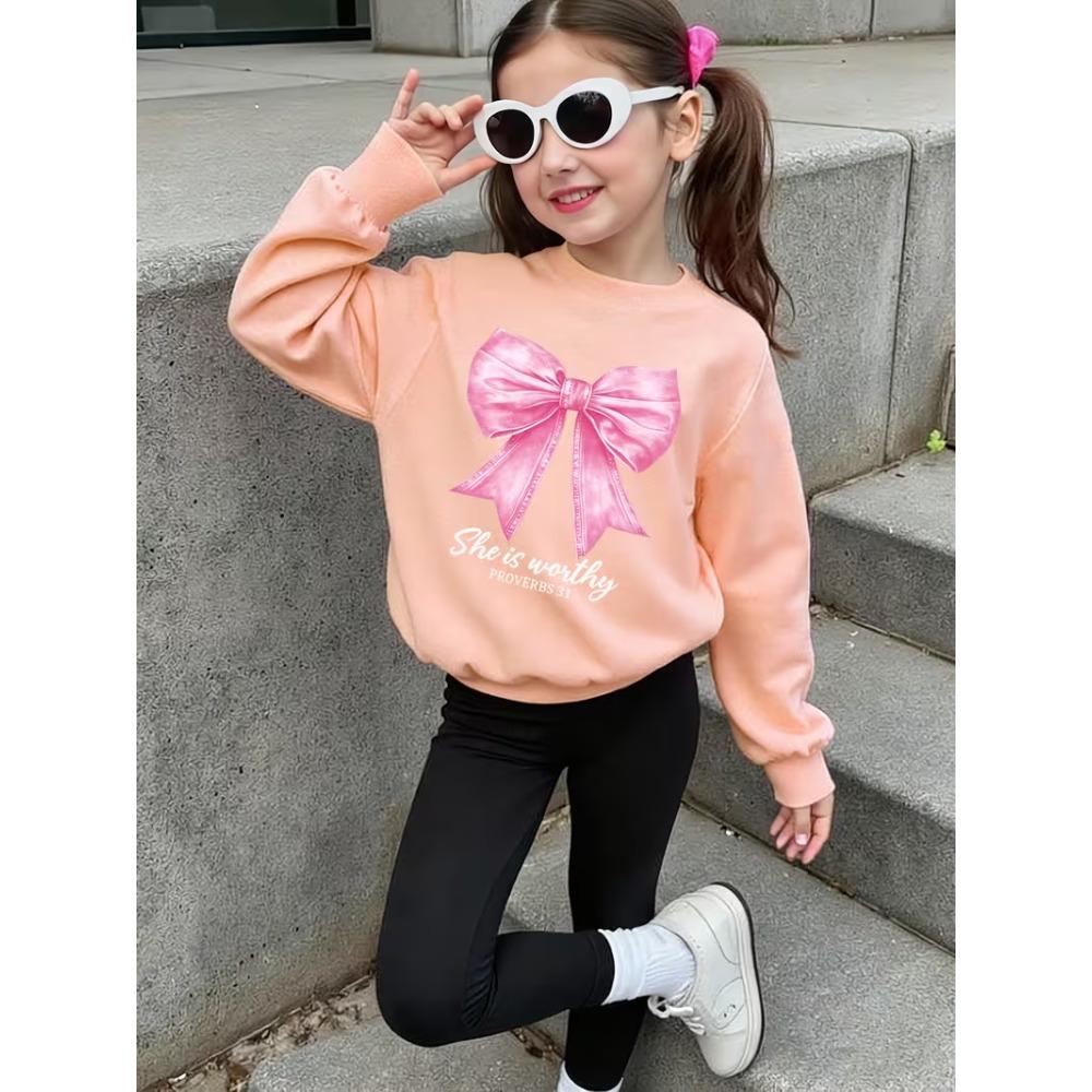 Girls' Sweet Bow Print Casual Comfortable Soft Loose Pullover Sweatshirt and Leggings 2-Piece Set, New Autumn/Winter, Playful, Sweet and Cool Style