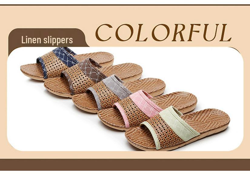 Breathable Rattan Slippers for Couples, All-Season Indoor Wear, Women's Woven Bamboo-Linen, Wooden Floor Friendly.
