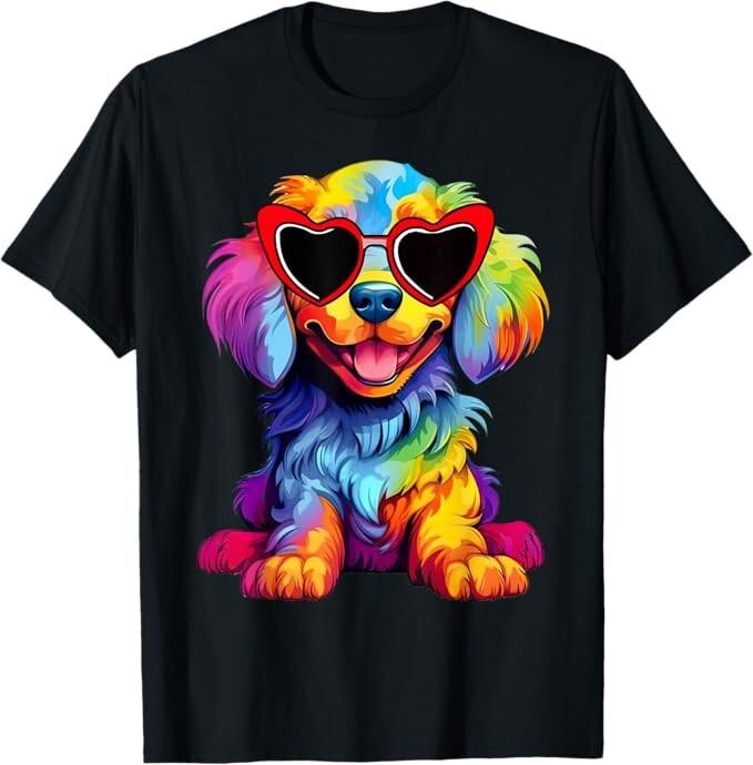 Rainbow Cute Dog Wearing Glasses Heart Puppy Love Dog Funny T-Shirt