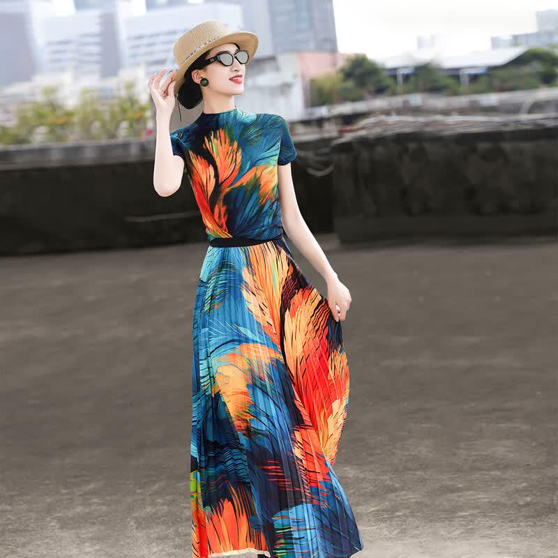 Lanseer Elegant Pleated Printed Two-Piece Skirt Set F