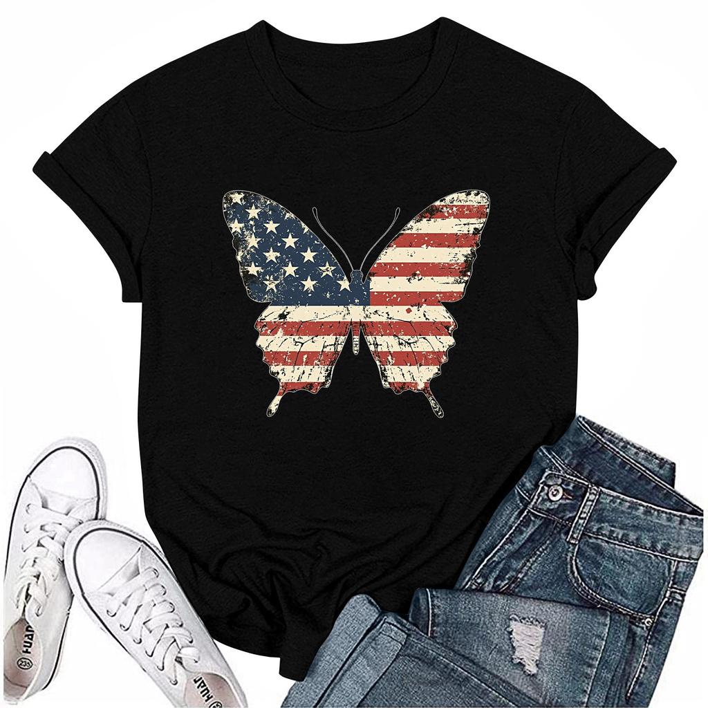 Adults Casual Daily Round Neck Independence Day Printed Short Sleeved T-shirt Letter Top