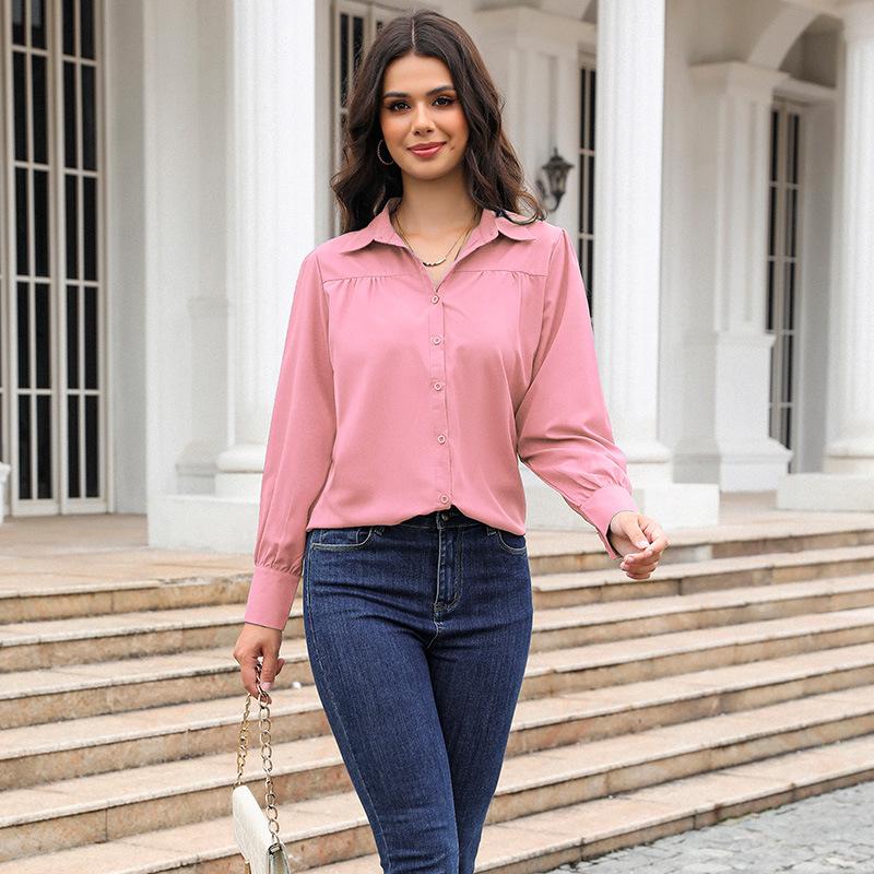 Buckle Top Lantern Sleeves Pleated Solid Color Stand Collar Loose Long Sleeved Women's Shirt