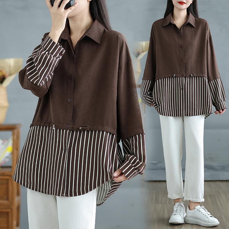 DIMANAF 2025 Plus Size New Blouse Long Sleeve Shirt Casual Stripe Tops Tees Vintage Women Loose Shirt Basic Oversize