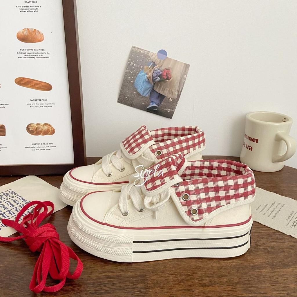 Original thick-soled high-top canvas shoes 22 autumn new plaid design sense chic tide