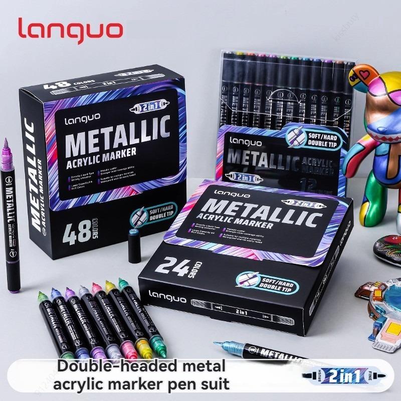 12/48 Metallic Colors Acrylic Paint Markers Dual Tip Pens for Rock Painting Wood Canvas Stone Glass Ceramic Art Supplies Languo