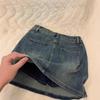 Women's Retro Distressed High-Waist Denim Mini Skirt, Plus Size, Versatile, Anti-Exposure, Summer 2024 Collection.