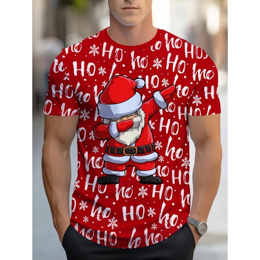 Funny Men's T-Shirts Santa Claus Christmas Oversized Short Sleeve with Snowflakes Print Red Casual O-Neck Outfit Men Clothing