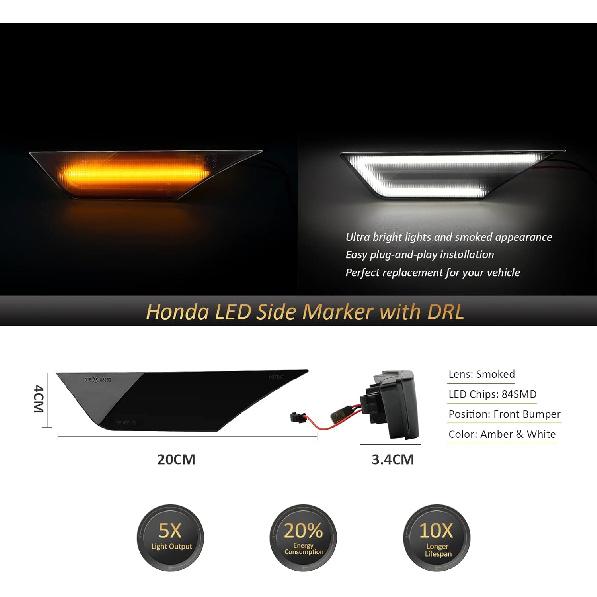 D-Lumina Switchback LED Side Marker Lights for 2016-2021 Honda Civic 10th Gen Civic Coupe Hatchback Sedan Type R Smoked Lens Front Bumper Side