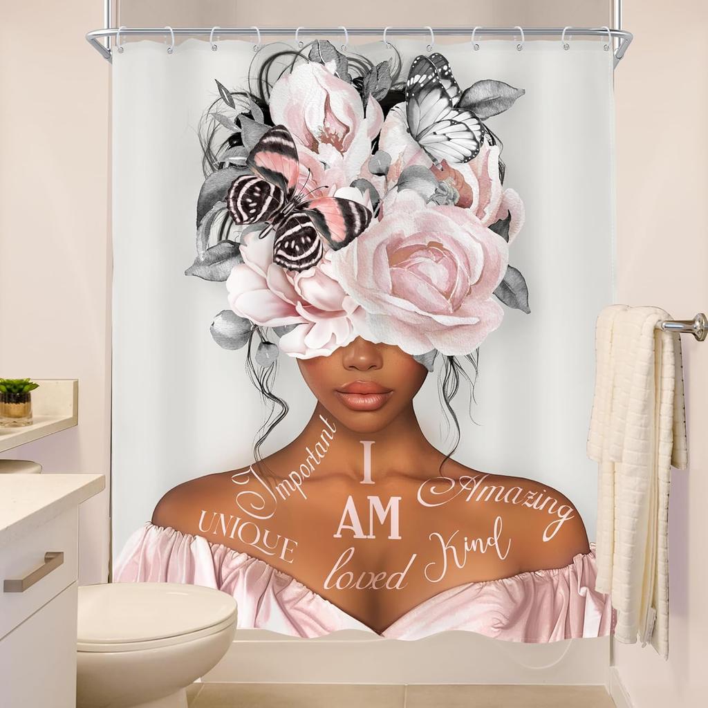 MESHELLY Black Girl Shower Curtain - Gray & Pink Peony, Motivational Quotes, Butterfly Design, Bath Decor