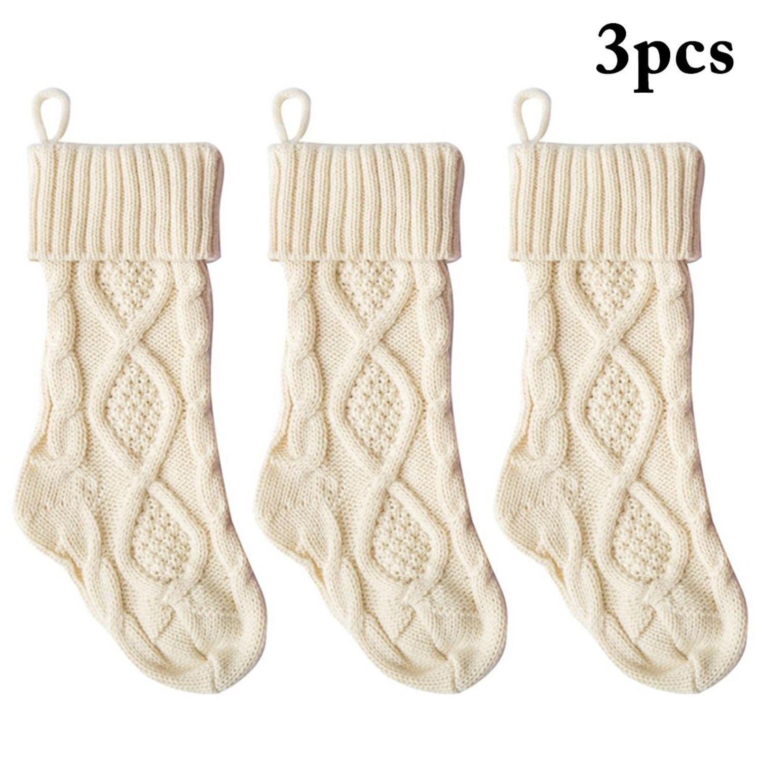 

3PC Christmas Stockings Knitted Xmas Stockings 14.6 Inches Double-Sided Fireplace Hanging Stockings For Family Christmas Decoration