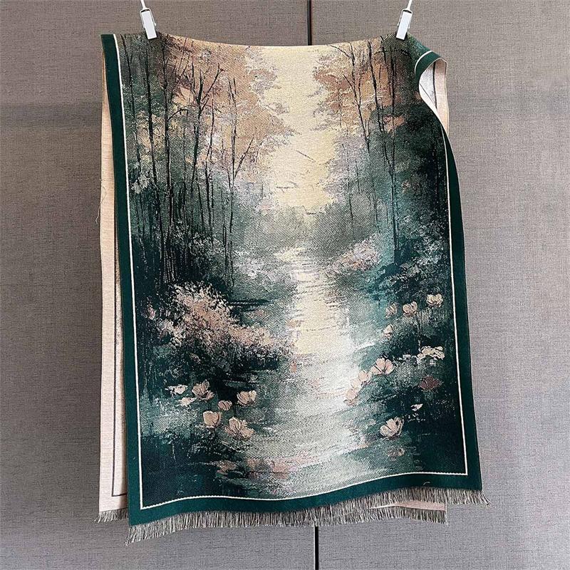 Oil Painting Styles Winter Women Scarf Imitation Cashmere Thicken Warm Shawl Pashmina Scarves Female Wrap Blanket Foulard Luxury