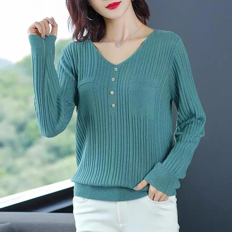 Spring Autumn Women Korean Fashion Elegant Simple Solid Basic Knitwears Female Casual V Neck Long Sleeve Slim Pullover Tops