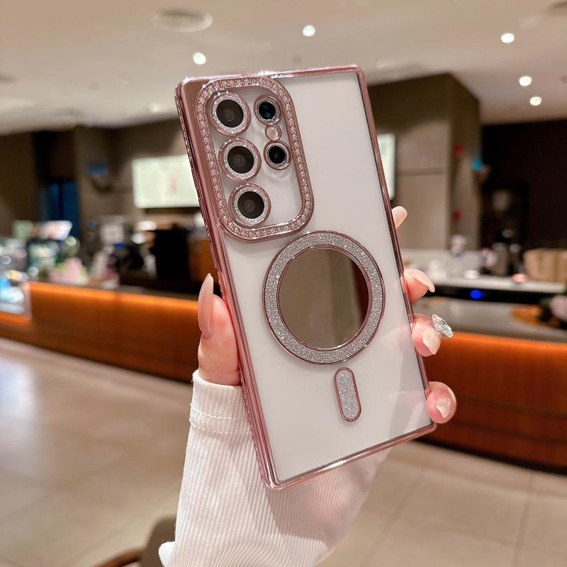 Applicable to Samsung S24Ultra mobile phone case electroplated rhinestone glitter magnetic makeup mirror S23 + side drill anti-drop cover