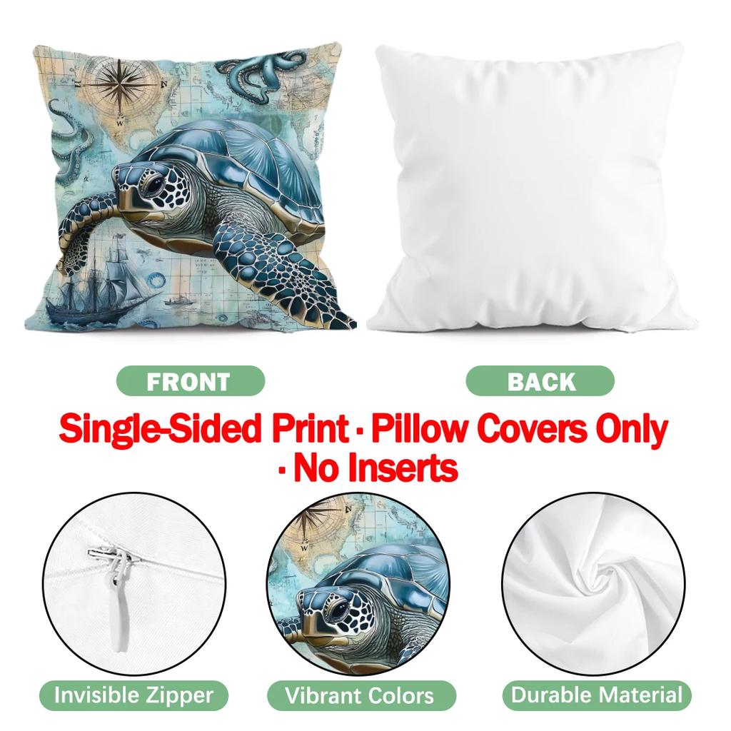 4Pcs Retro Marine Nautical Creature Print Single-Sided Cushion Cover For Living Room Bedroom Car Home Decor