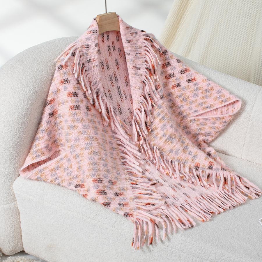 Colorful Striped Knitted Fringe Shawl for Women Autumn Winter New European and American Casual Loose Knit Cape