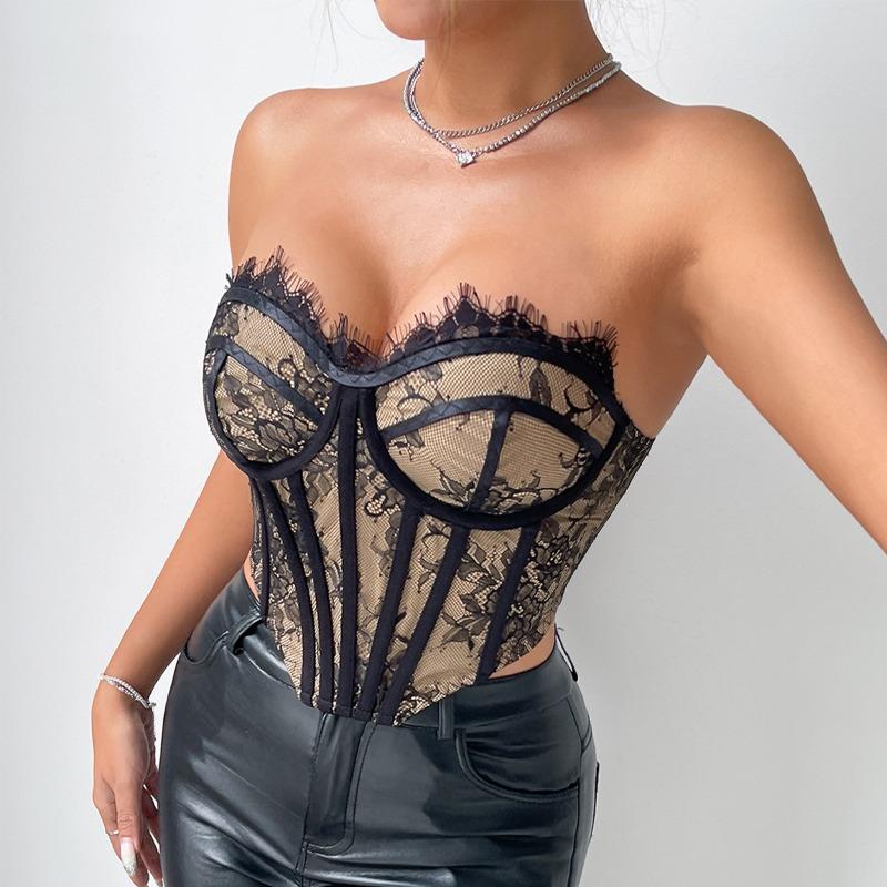 Sexy rückenfreies Korsett-Bandeau-Top mit Spitzenbesatz und Hakenverschluss