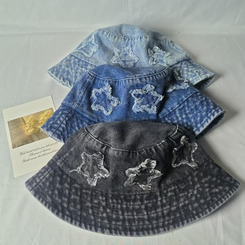 New Five Pointed Star Patch Denim Fisherman Hat For Women, Sweet Retro Street Versatile Bucket Hat