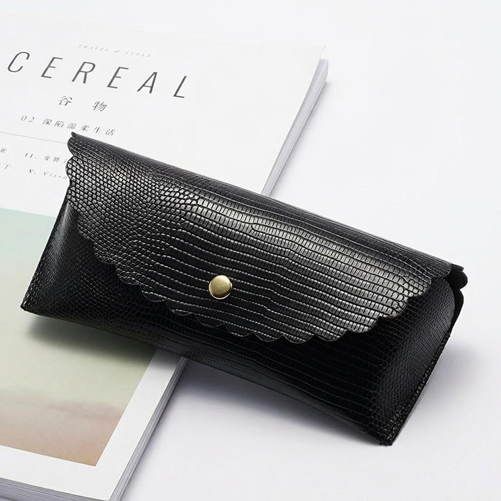 Pu Leather Snap Closure Eyewear Case Crocodile Texture Scalloped Edge Portable Anti-Compression Sunglasses Storage Pouch