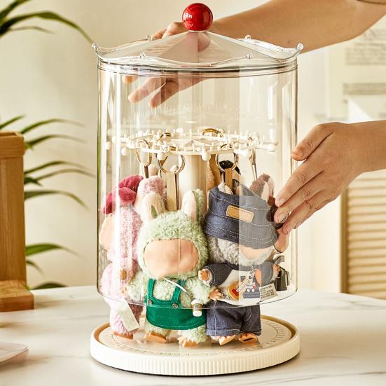 Klar utstillingsstand Oppbevaringsboks for plysjdukker med lokk 360-graders roterende gjennomsiktig design Stablebar utstillingskasse for dukker og figurer