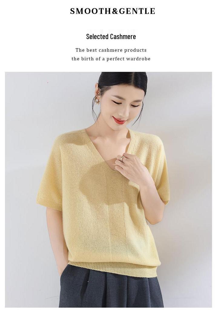 Women's V-Neck Loose-Fit Pure Cashmere Knitwear - Short Sleeve, 100% Goat Cashmere Pullover for Spring and Autumn.